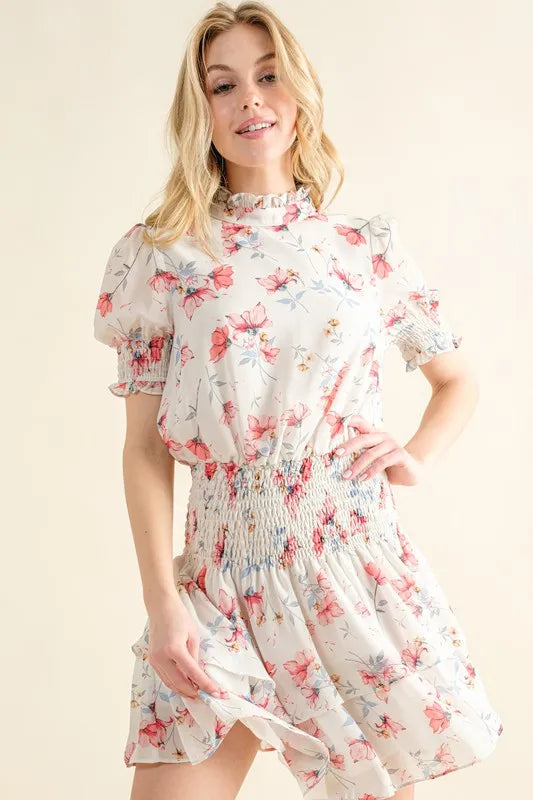 Floral Print Smocked Waist Mini Dress