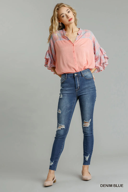 High-Waist Distressed Jeans with Comfort