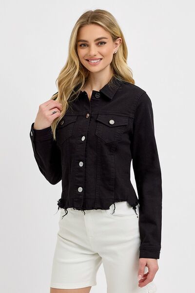 Full Size Irregular Fray Hem Button Up Denim Jacket Plus Size