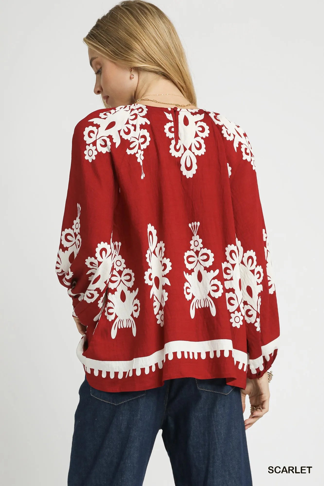 Border Print Top with Accent Balloon Sleeves
