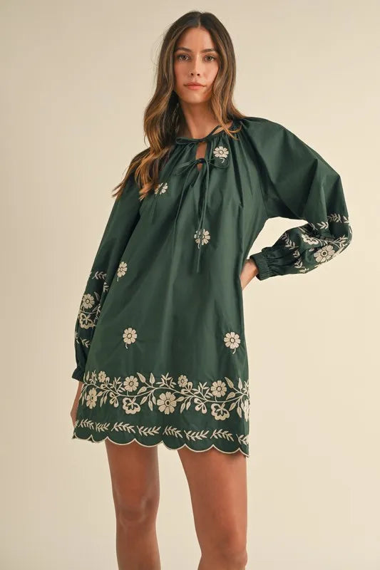 Embroidered Long Sleeve Peasant Mini Dress