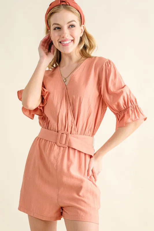 Flounce Sleeves Romper with Belt