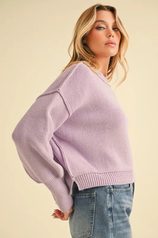 Ribbed Hem Exposed Seam Round Neck Sweater