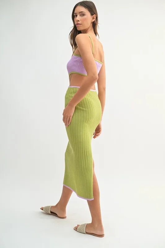 Ribbed Knit Color Block Cutout Midi Dress