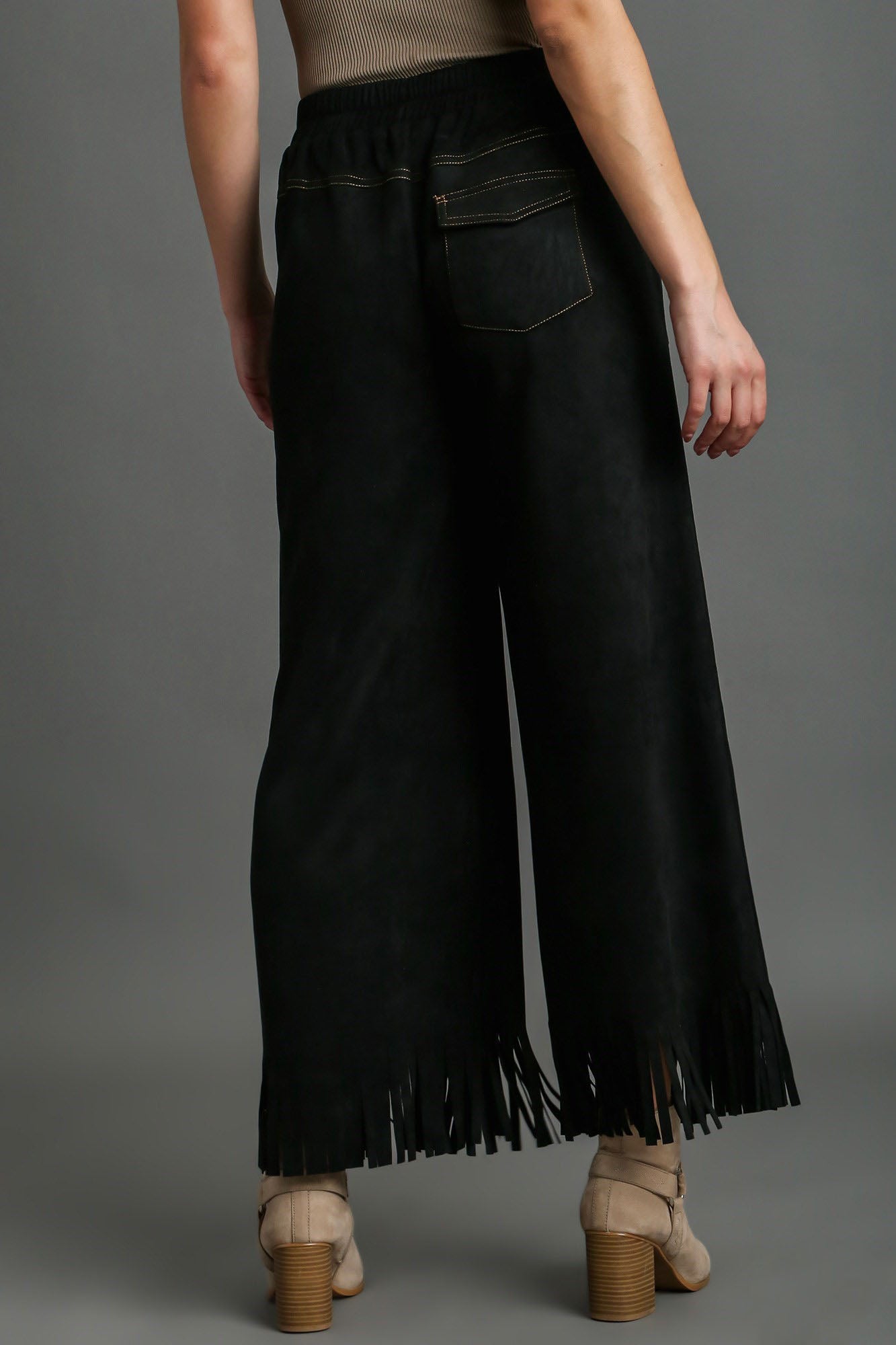 Full Size Suede Fringe Hem Wide Leg Pants Plus Size