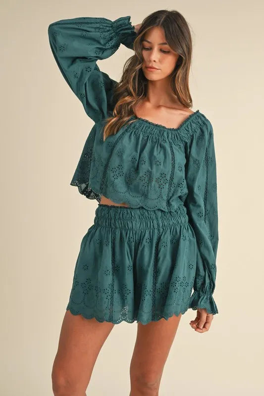 Embroidered Scalloped Lace Top and Short Set