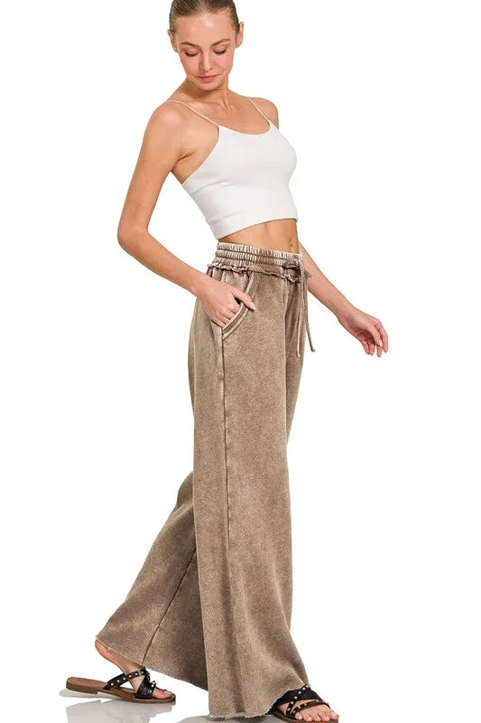 Acid Wash Fleece Palazzo Sweatpants with Pockets