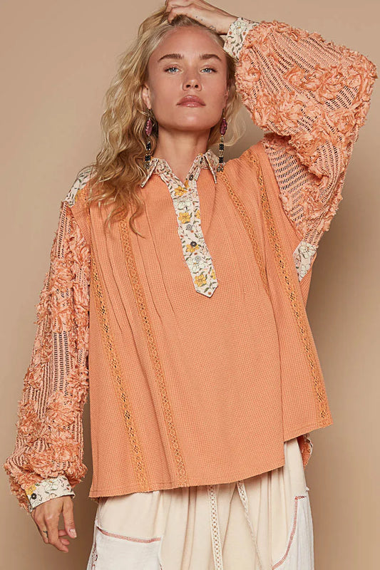 Bohemian Floral Knit Lace Detail Long Sleeve Blouse