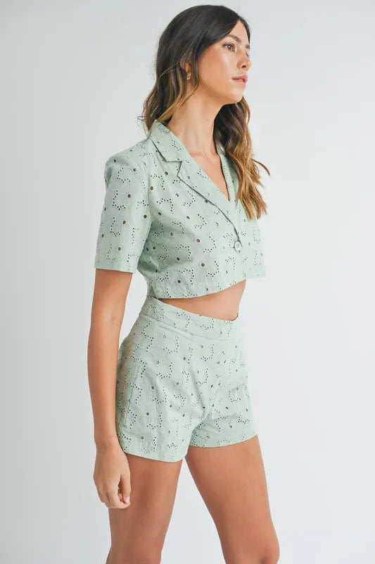 Eyelet Short Sleeve Crop Top and Shorts Set