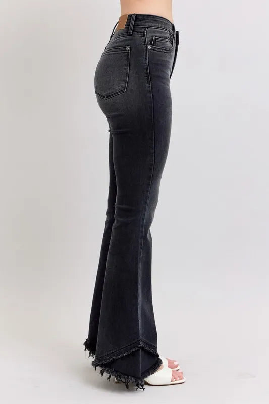 Full Size High Waist Flare W/ Mock Fray Tulip Hem Plus Size