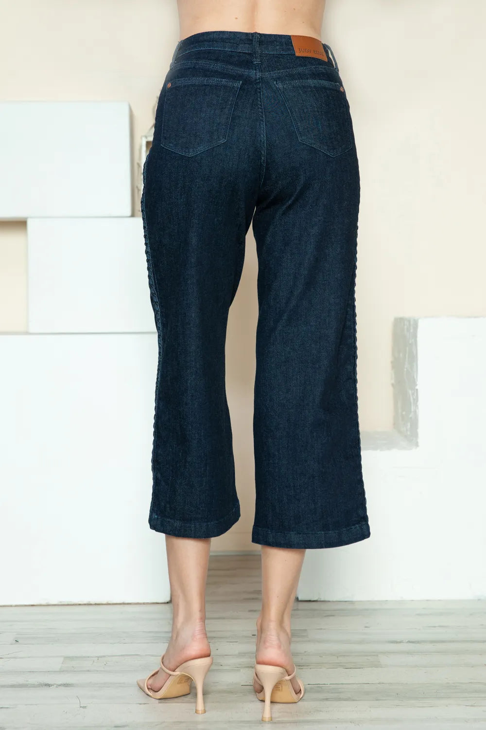 Full Length Braided Seam Cropped Wide-Leg Denim