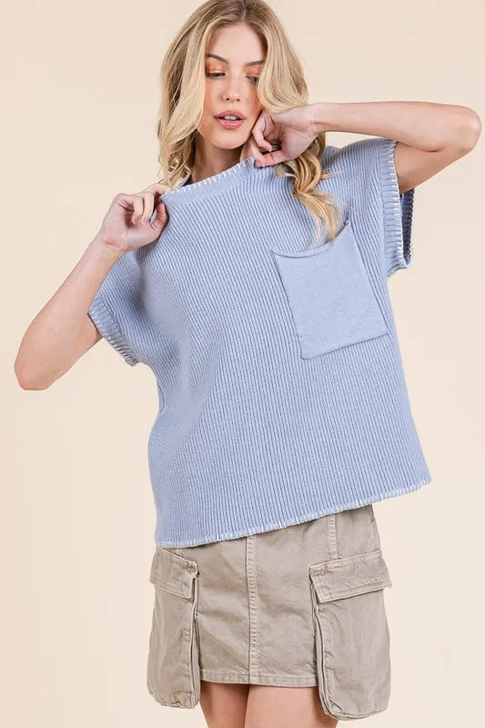 Solid Cap Sleeve Stitch Edge Knit Sweater