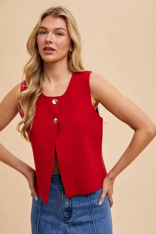 Metal Button Detail Crop Sweater Vest