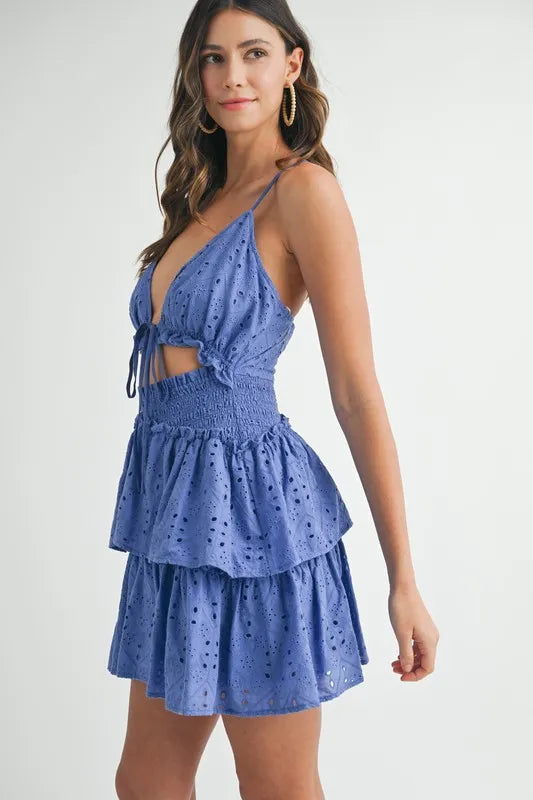 Lace Eyelet Ruffle Mini Dress With Front Cutout