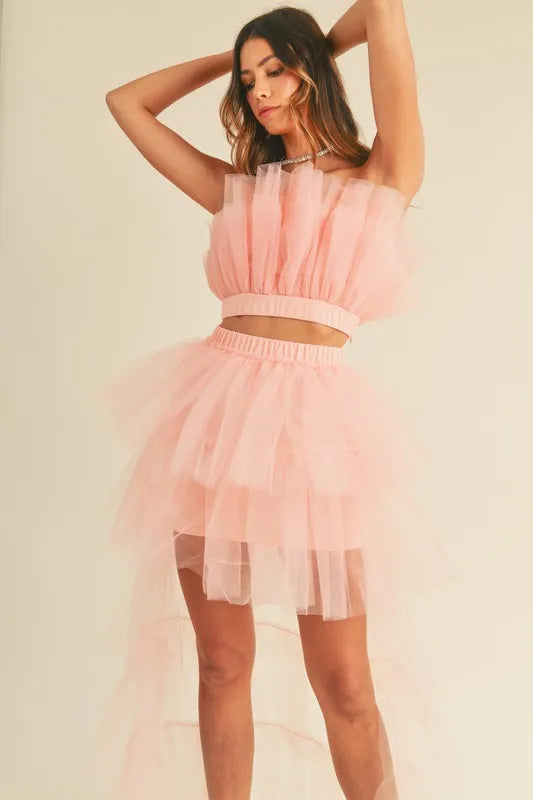 Tulle Tube Ruffle Crop Top and High Low Maxi Skirt Set