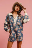 Washed Floral Denim Romper With Contrast Collar