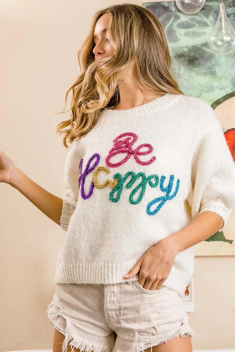 Metallic Letter Short Puff Sleeve Hairy Sweater