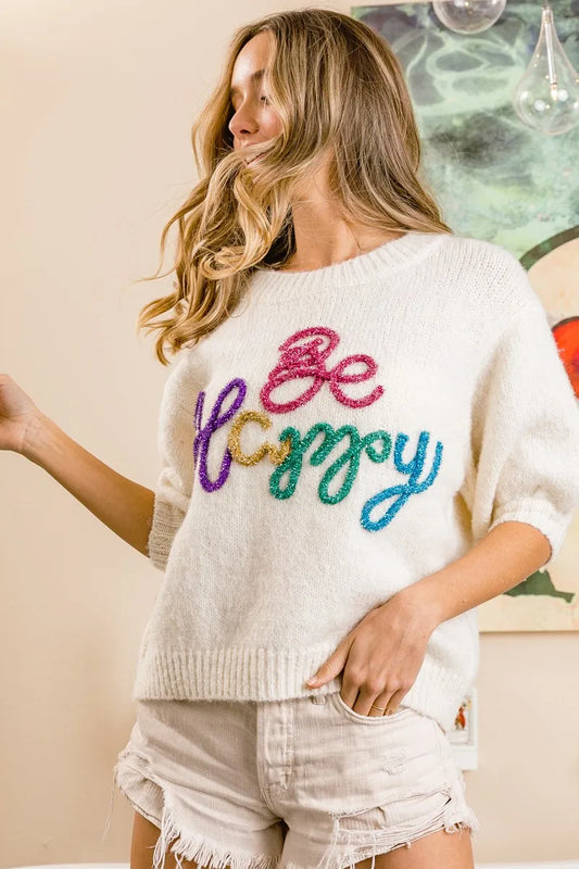 Metallic Letter Short Puff Sleeve Hairy Sweater