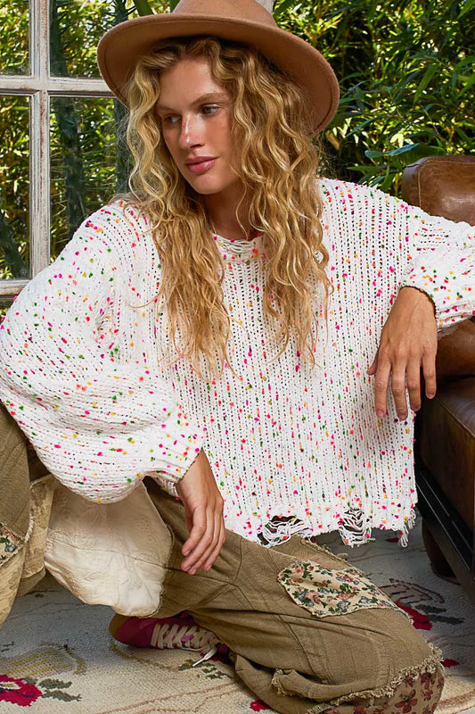 Popcorn Texture Fringed Hem Sweater