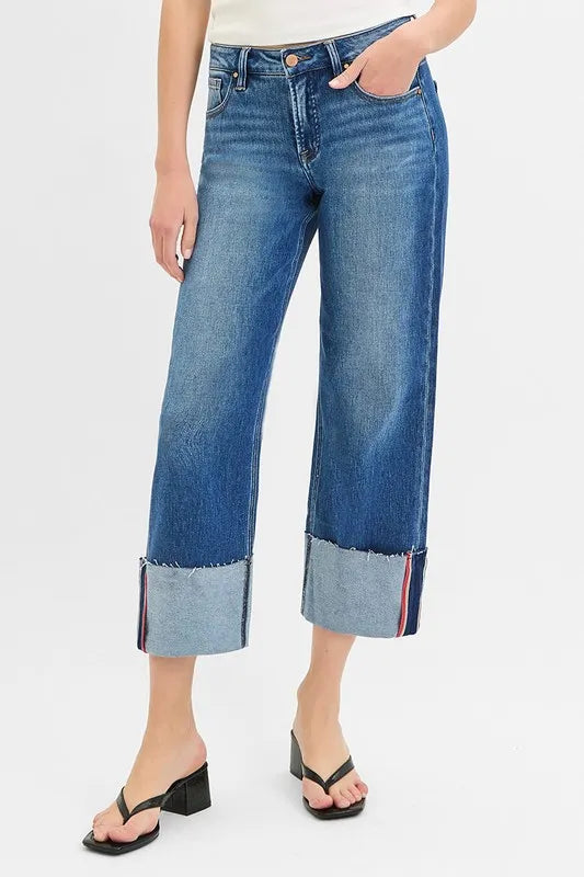Full Size Mid Rise Crop Jeans with Tummy Control Cuffs