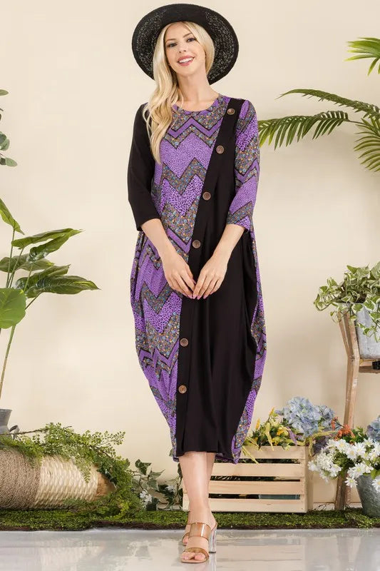 Full Size Geo Print Paneled Dress with Buttons Plus Size