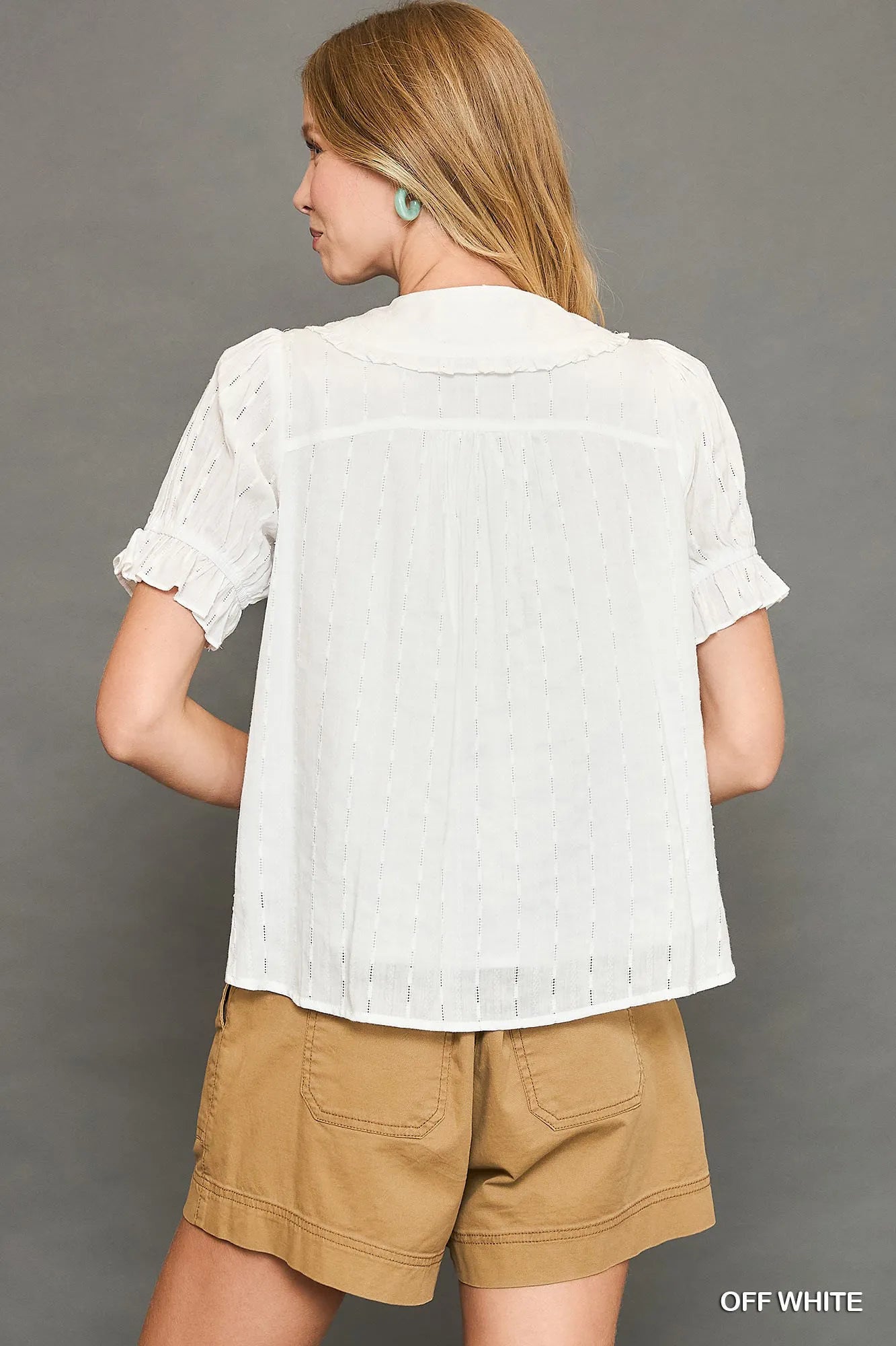 Textured Button-Up Shirt with Ruffled Peter Pan Collar