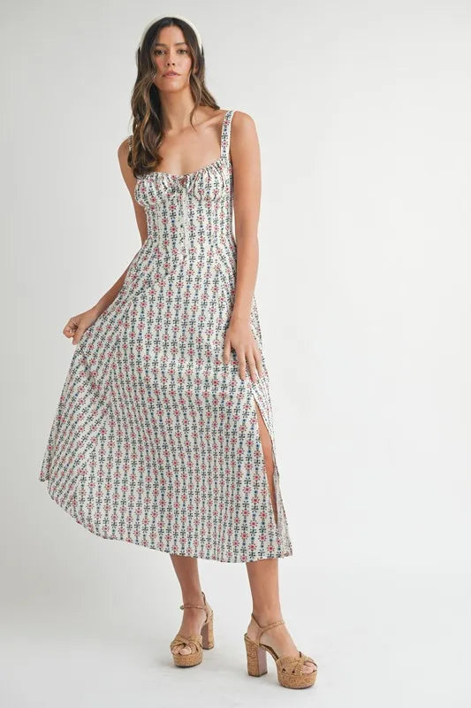 Floral Print Bustier Back Lace Up Midi Dress