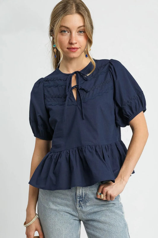 Peplum Tie-Front Puff Sleeve Top