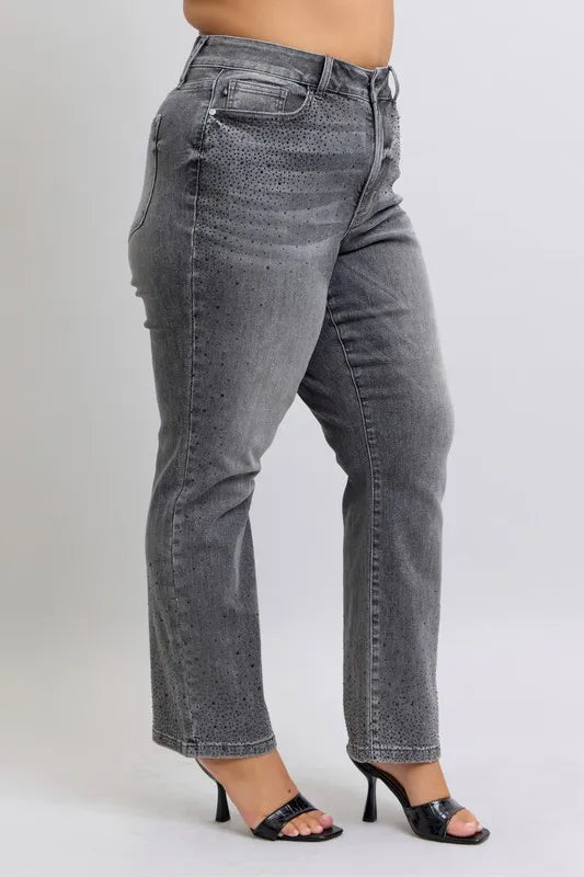 Full Size High Waist Rhinestone Straight Jeans Plus Size