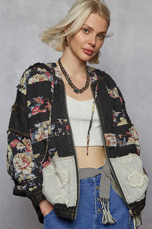 Floral Lace Patch Vintage Bomber Jacket