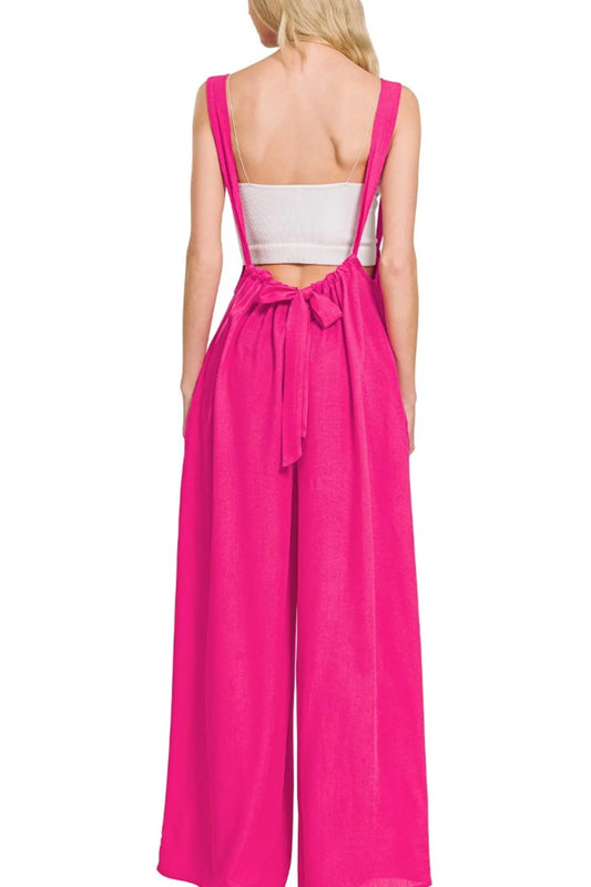Woven Tie Back Suspender Jumpsuit