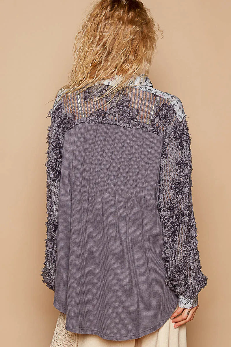 Romantic Lace Accent Floral Buttoned Long Sleeve Blouse