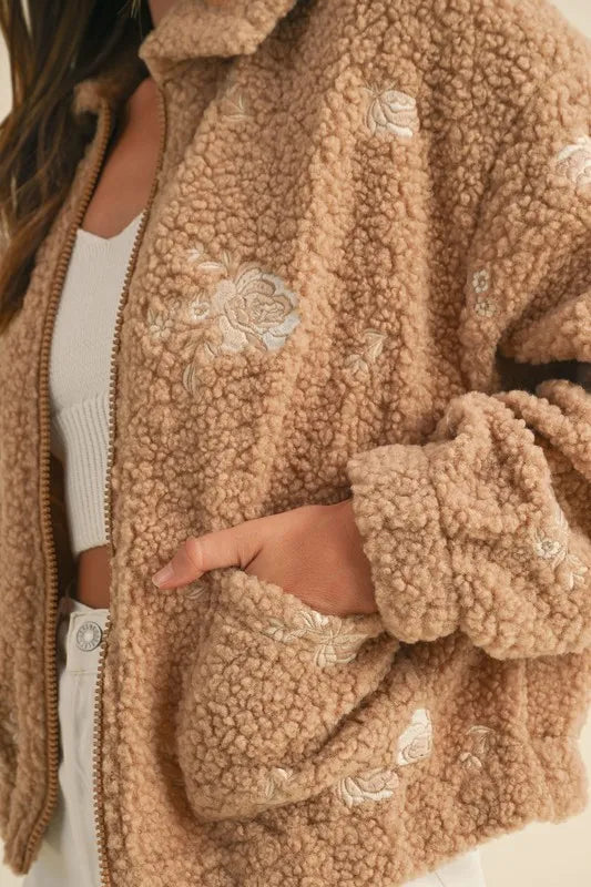 Floral Embroidered Fleece Teddy Jacket