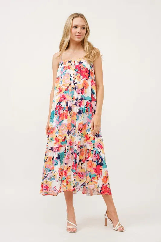 Tiered Floral Midi Cami Dress with Pockets
