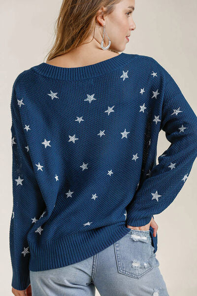 Full Size Star V-Neck Long Sleeve Sweater Plus Size