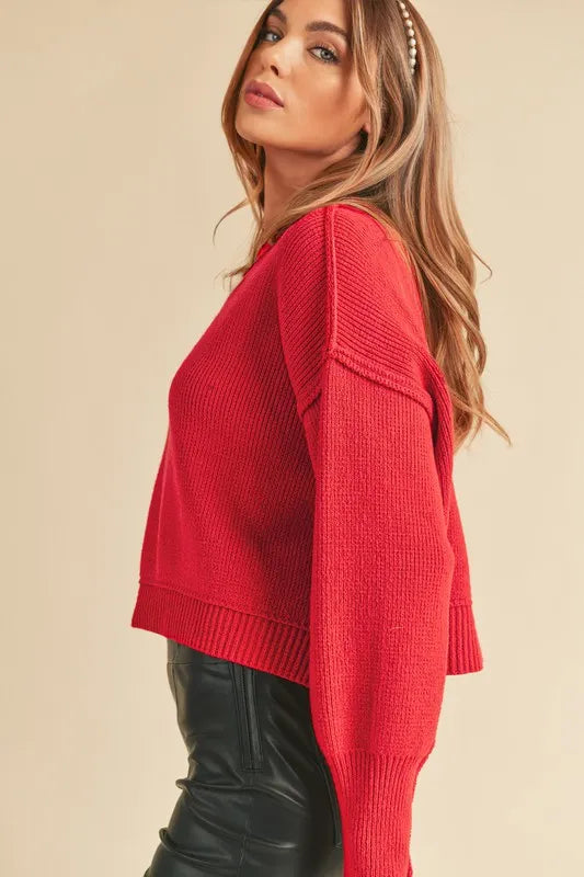 Ribbed Hem Exposed Seam Round Neck Sweater