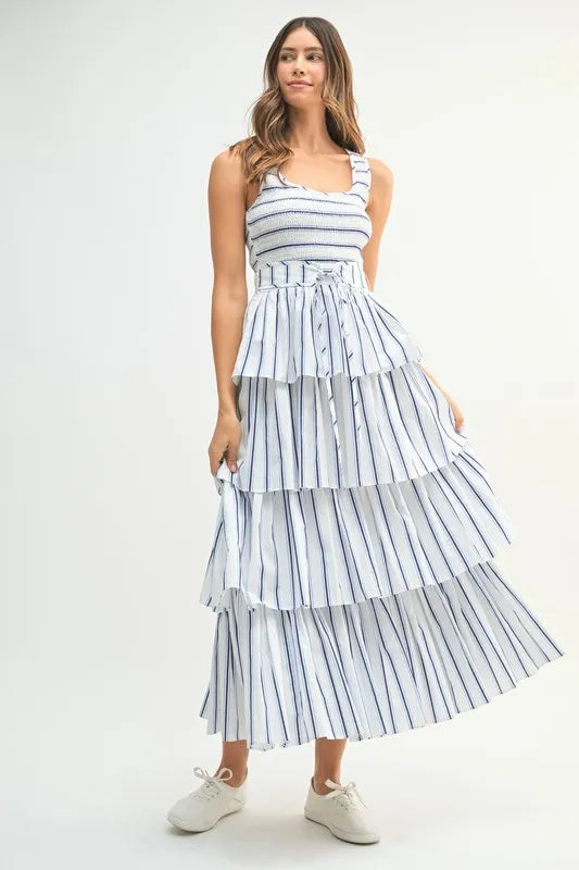 Pin Stripe Smocked Bodice Layered Midi Dress