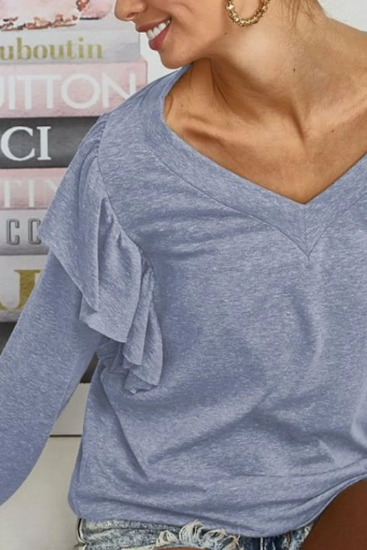 Triblend V Neck Top with Shoulder Shrring Detail