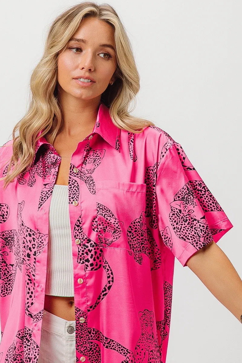 Leopard Print Short Sleeve Silky Satin Shirt Top