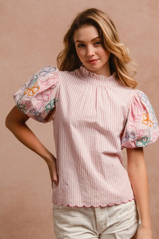 Floral Puff Sleeve Top With Scalloped Hem Detail