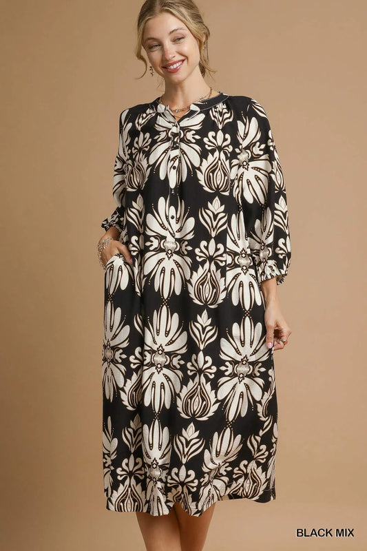 Abstract Floral Pattern Midi Dress