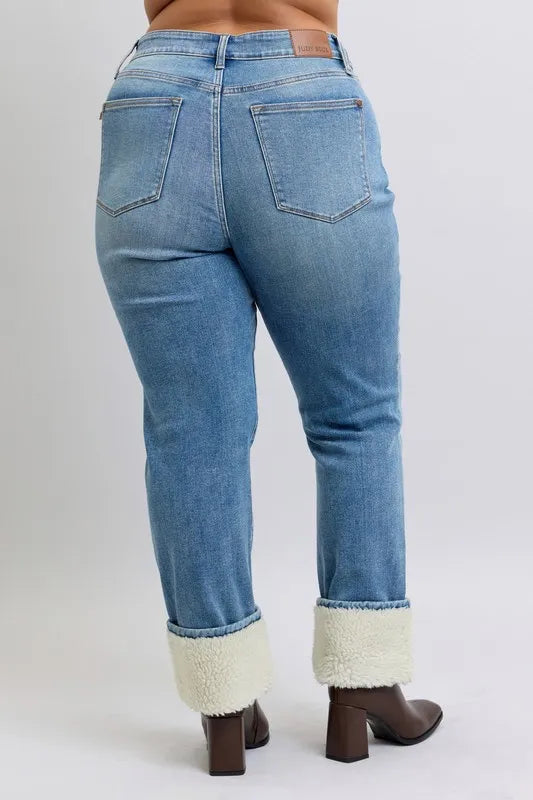 Full Size High Waist Shearling Cuff Straight Plus Size