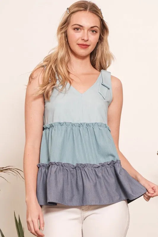 Full Size Color Block V-Neck Baby Doll Sleeveless Top Plus Size