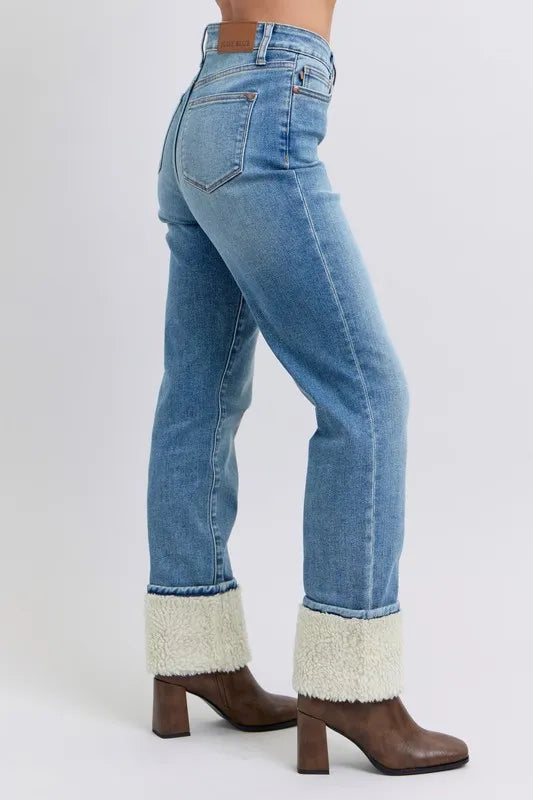 Full Size High Waist Shearling Cuff Straight Plus Size