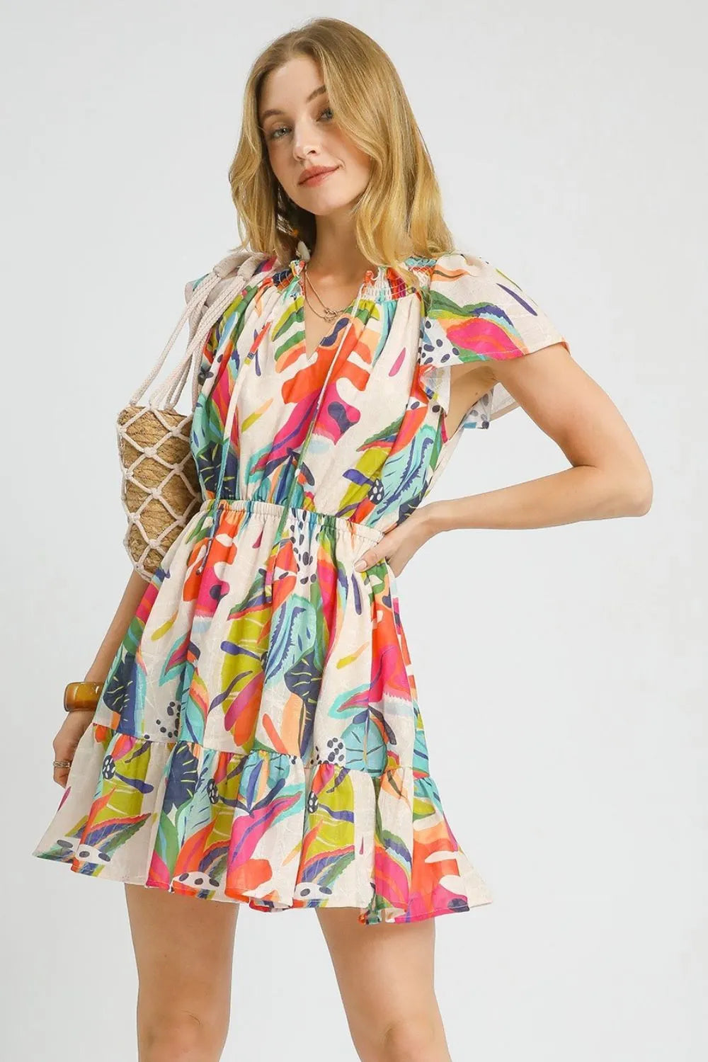 Vibrant Tie Neck Tropical Mini Dress