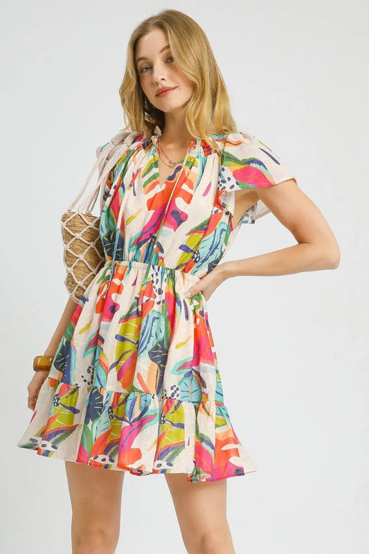 Vibrant Tie Neck Tropical Mini Dress