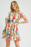 Vibrant Tie Neck Tropical Mini Dress