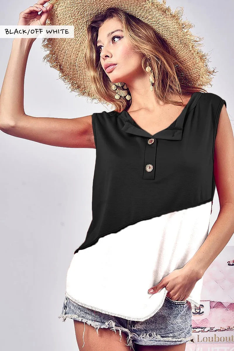 Color Block Contrast Stitching Buttoned Henley Top