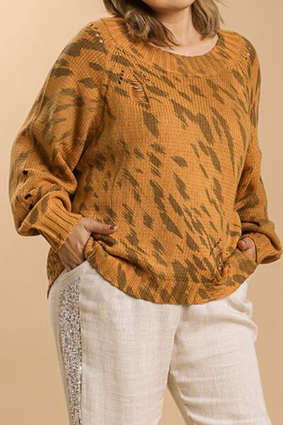 Full Size Animal Print Round Neck Distressed Detail Sweater Plus Size