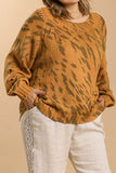 Full Size Animal Print Round Neck Distressed Detail Sweater Plus Size